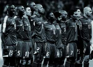 The French national soccer team listen his national anthem prior his team's World Cup 2006, Group four, qualifying match at the Stade de Suisse Wankdorf stadium in Berne, Switzerland, October 08, 2005. The match ended in a 1-1 d raw.